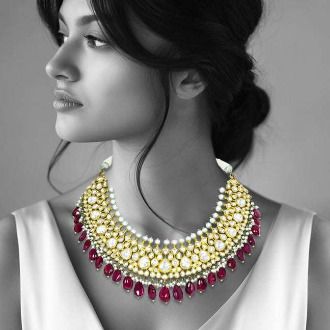 Layered Polki Necklace with Tourmaline Drops and Pearl Borders